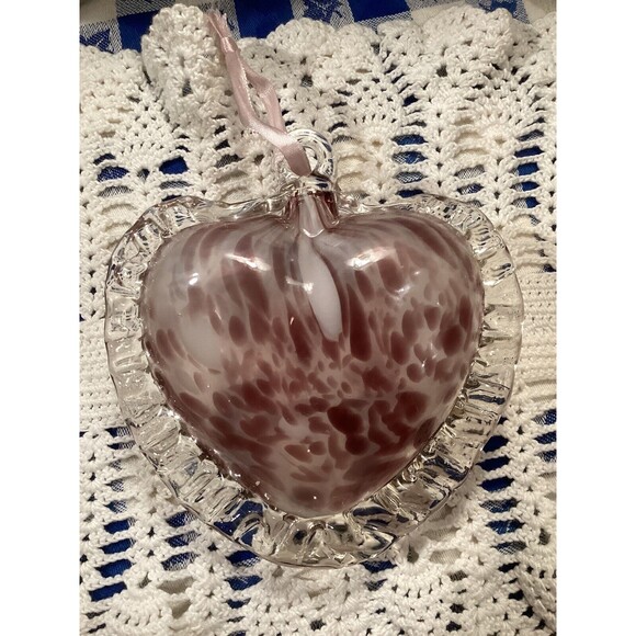 Blown Clear Glass With Purple/ White Accent Heart Pendant Ornament 5” x 5” Inch - Picture 2 of 5